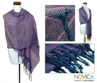 Hand woven Cotton 'Paths in Pink and Blue' Shawl (Guatemala) Novica Scarves & Wraps