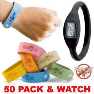 50 (FIFTY) PACK Mosquito Bracelets. PLUS ION WATCH   Wholesale Lot of Bugs Mosquito repellent citronella wrist band bracelets. Repels mosquitoes quickly Health & Personal Care