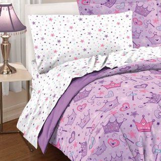 Purple Princess Hearts and Crowns Comforter Set   Girls Bed Sheet With Stars
