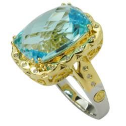 De Buman 18k Gold and Sterling Silver Cushion cut Blue Topaz and Cubic Zirconia Ring De Buman Gemstone Rings