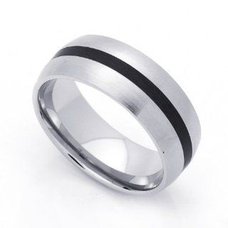 8MM Stainless Steel Black Striped Domed Comfort Fit Wedding Band Ring (Size 7 to 14) Jewelry