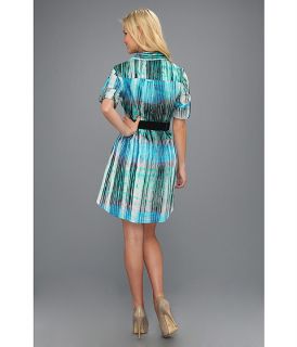Halston Heritage Shirtdress with Overlay Detail and Belt  Lagoon Watercolor Plaid Print