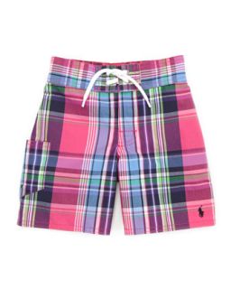 Tulum Plaid Swim Trunks, Pink/Multi, 2T 3T   Ralph Lauren Childrenswear