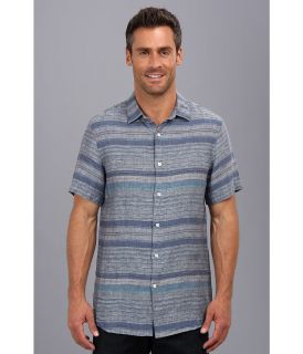 Perry Ellis Slim Fit Short Sleeve Linen Stripe Pattern Shirt Mens Short Sleeve Button Up (Blue)