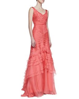 Womens Sleeveless Layered Mermaid Gown, Coral   Theia by Don ONeill  