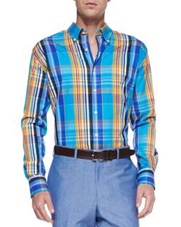 Mens Long Sleeve Plaid Weekend Shirt, Blue   Peter Millar   Blue (MEDIUM)
