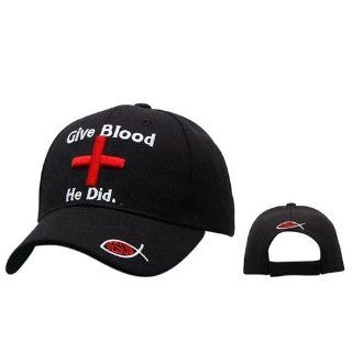 BLACK Christian Baseball Cap, Says Give Blood He Did with Red Cross and Christian Fish Symbol, Religious Headwear, Adjustable to Fit Most Men, Women and Teen Head Sizes 