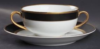 Fitz & Floyd Renaissance Black On White Flat Cream Soup Bowl & Saucer Set, Fine