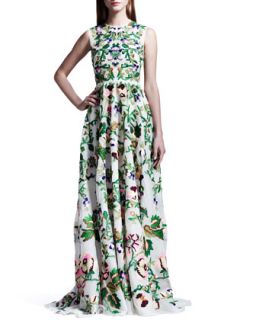 Womens Embroidered Silk Organza Gown, White/Green   Valentino   Avorio (6)