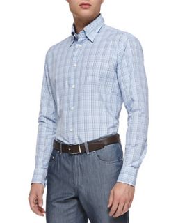Mens Mini Check Button Down Shirt, Blue   Brioni   Blue pattern (MEDIUM)