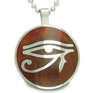 All Seeing Eye of Horus Egyptian Magic Cherry Wood Amulet Magic Powers Circle Pure Stainless Steel on 22" Pendant Necklace Best Amulets Jewelry