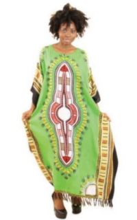 Traditional African Print Variation Rayon Caftan Kaftan with Matching Headwrap   Available in Several Fashion Colors (Green) Clothing