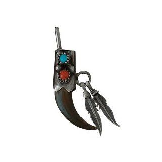 Authentic Navajo Native American Indian Sterling Silver and Genuine Turquoise Coyote Claw and Feather Pendant Women's Men's Jewelry (Since These Jewelry Pieces Are Handcrafted By Native American Artists, Color and Some Details May Vary From Picture