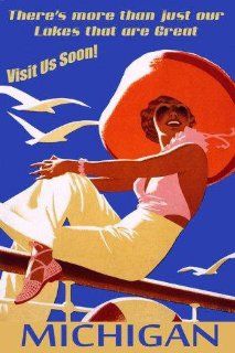 Fashion Lady Girl Michigan Boat Visit Us Soon Great Lakes Travel Tourism 12" X 16" Image Size Vintage Poster Reproduction   Prints