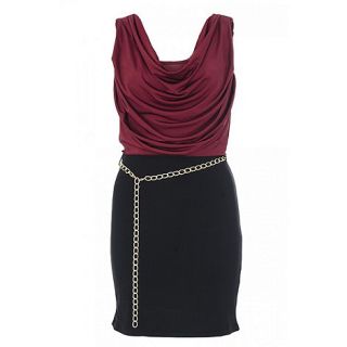 Quiz Wine & Black Gold Chain Belt Short Dress