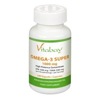Omega 3 Super 1000 mg (inkl. Fettsuren EPA 300 mg DHA 200 mg)   240 Kapseln   fr mehr Vitalitt   wirkt positiv auf die Hirnfunktionen   reguliert den Fettstoffwechsel Drogerie & Körperpflege