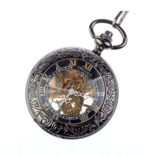 Taschenuhr Steampunk Pocket Watch Pendant Roman Number Half Hunter   Antiqued Silver Black PW039 Uhren