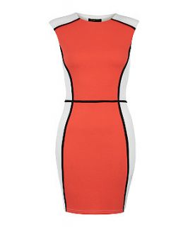 Tokyo Doll Coral and White Colour Block Piped Bodycon Dress