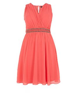 Inspire Coral Sleeveless Embellished Waist Wrap Prom Dress