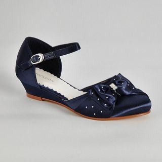 Girls navy diamant  bow wedge heel shoes