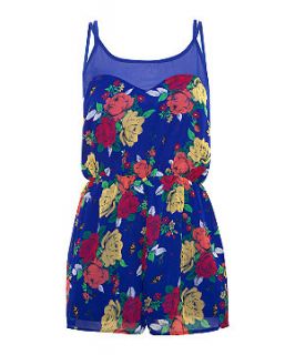 147 Fashion Blue Strappy Floral Print Playsuit