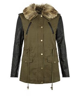 Influence Khaki Faux Fur Collar Contrast Sleeve Parka