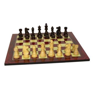 Black and Natural Boxwood Lardy Chessmen on Red Woodgrain Print Chess Board   Chess Sets