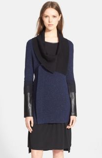 Vince Needle Punch Drape Cardigan with Leather Sleeves