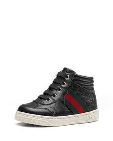 Gucci Leather High Top Sneaker with Web Detail, Toddler Sizes