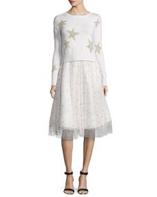 Alice + Olivia Erran Metallic Star Pullover Sweater & Catrina Embellished A Line Skirt