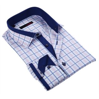 Domani Blue Luxe Mens Beige/ Plaid Trim Button down Dress Shirt