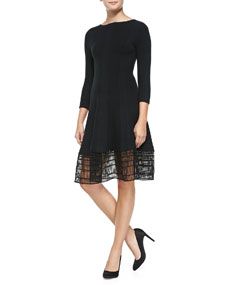 Lela Rose 3/4 Sleeve Dress W/ Railroad Lace Hem, Black