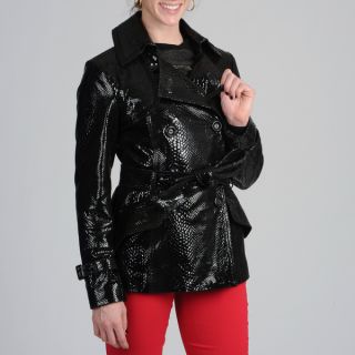 Via Spiga Womens Black Embossed Genuine Patent Leather Trench Coat