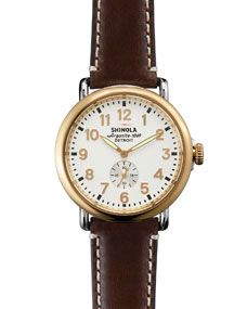 Shinola 41mm Runwell Gold Watch with Leather Strap, Brown