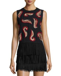 Alice + Olivia Kara Paisley Embroidered Crop Top, Black/Red/Gold