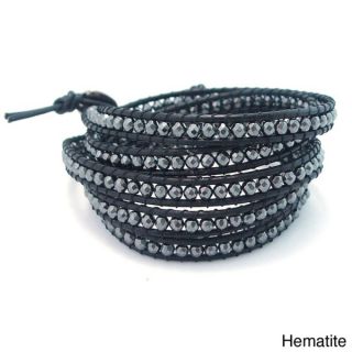 Facets Hematite/ Amethyst Genuine Black Leather 3 Wrap Bracelet