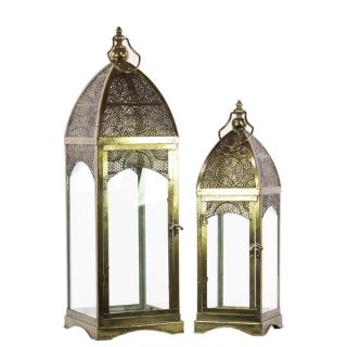 Pierced Bronze Metal Lantern with Ring Hanger, Glass Sides and Square