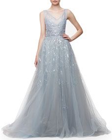Carolina Herrera Embroidered Tulle Gown, Blue
