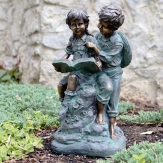 Alpine Girl and Boy Reading Together Garden Statue   Garden Statues