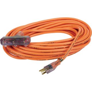 U.S. Wire and Cable Extension Cord with Lighted Triple Outlets — 50ft.L, 12/3 SJTW, 15 Amps, Orange, Model# 76050