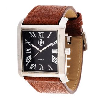 Fortune NYC Mens Silvertone Square Case Brown Leather Strap Watch