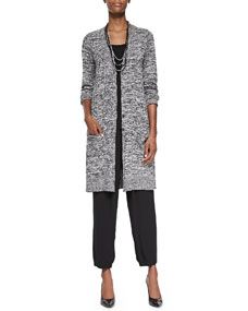 Eileen Fisher Silk Twist V Neck Long Cardigan, Long Slim Camisole, Slouchy Silk Ankle Pants & Beaded Silk Cord Necklace, Womens