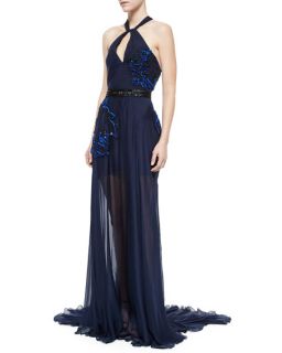 Pamella Roland Sleeveless Twist Front Embellished Gown, Navy