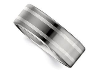 Dura Tungsten & Sterling Silver Flat Band With Silver Inlay Size 11