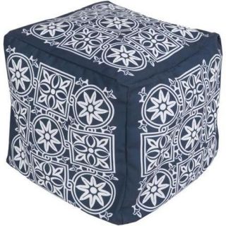 18" Cobalt Blue and Cream Encompassed Flowers Square Outdoor Patio Pouf Ottoman