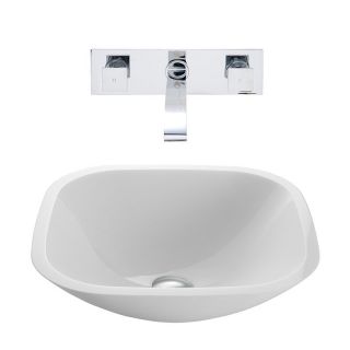 Vigo VGT221 Square Shaped White Phoenix Stone Glass Vessel Sink with Wall Mount Faucet   Chrome   Bathroom Sinks