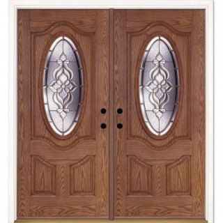 Feather River Doors 74 in. x 81.625 in. Lakewood Brass 3/4 Oval Lite Stained Medium Oak Fiberglass Double Prehung Front Door 721490 400