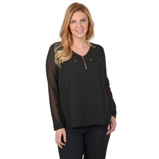 Timeless Comfort by Journee Womens Plus Woven V neck Zipper Detail