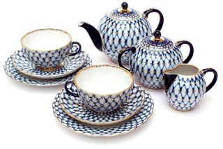 Lomonosov Cobalt Net 22 piece Porcelain Tea Set  