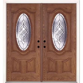 Feather River Doors 74 in. x 81.625 in. Lakewood Zinc 3/4 Oval Lite Stained Medium Oak Fiberglass Double Prehung Front Door 722490 400